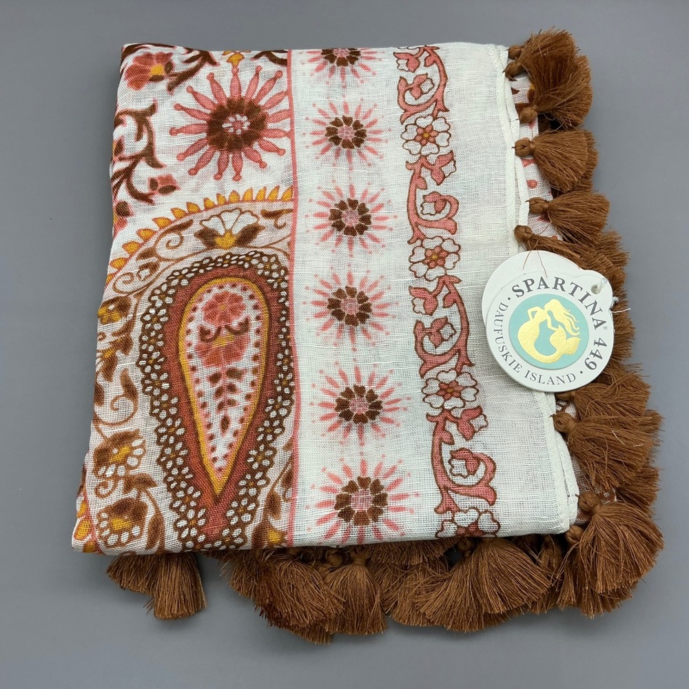 Spartina 449 Scarf Womens White Brown Paisley Tassel Trim Square Lightweight